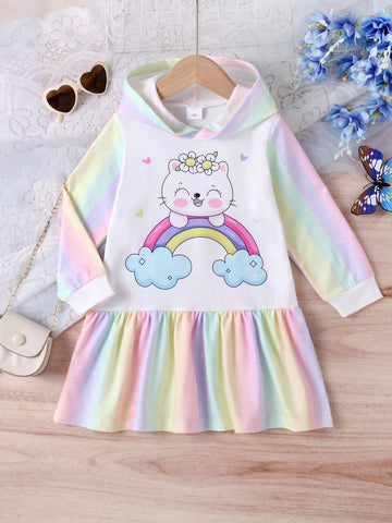 1pc Girls Casual Rainbow Cute Cat Rainbow Stripe Pattern Soft Comfy Knit Fabric Hooded Long Sleeve Dress, Autumn/Winter