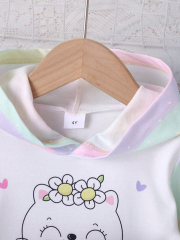1pc Girls Casual Rainbow Cute Cat Rainbow Stripe Pattern Soft Comfy Knit Fabric Hooded Long Sleeve Dress, Autumn/Winter