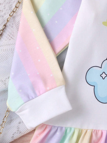 1pc Girls Casual Rainbow Cute Cat Rainbow Stripe Pattern Soft Comfy Knit Fabric Hooded Long Sleeve Dress, Autumn/Winter