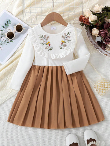 1pc Girls Casual Solid + Striped Patchwork Long Sleeve Round Neck Floral Embroidery Pleated Hem Dress, Spring/Autumn