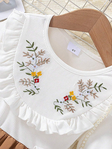 1pc Girls Casual Solid + Striped Patchwork Long Sleeve Round Neck Floral Embroidery Pleated Hem Dress, Spring/Autumn