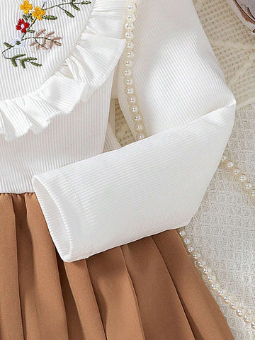 1pc Girls Casual Solid + Striped Patchwork Long Sleeve Round Neck Floral Embroidery Pleated Hem Dress, Spring/Autumn