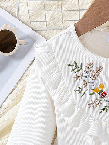 1pc Girls Casual Solid + Striped Patchwork Long Sleeve Round Neck Floral Embroidery Pleated Hem Dress, Spring/Autumn