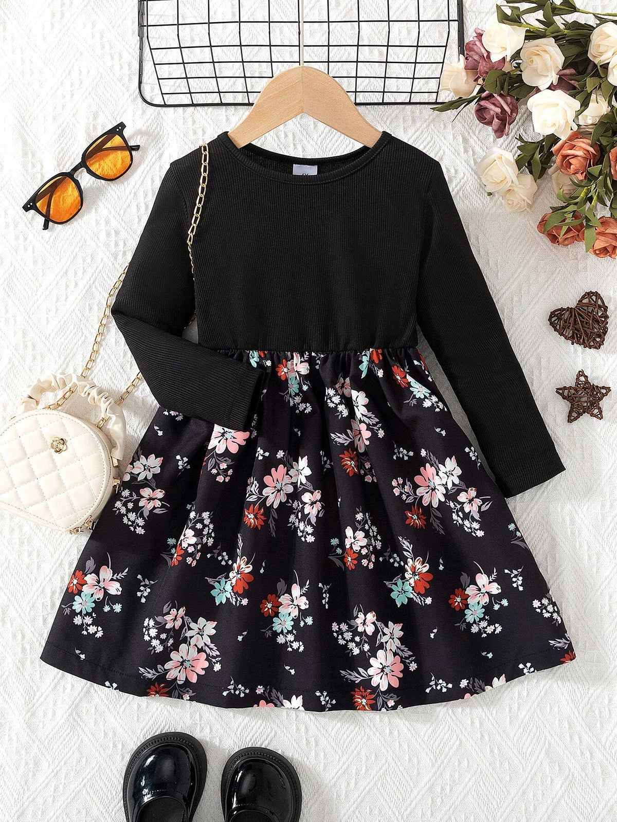 1pc Girls Casual Striped Knitted Straight Long Sleeve Round Neck Patchwork Floral Print Skirt Hem Dress, Autumn/Winter