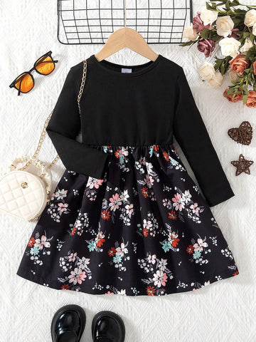 1pc Girls Casual Striped Knitted Straight Long Sleeve Round Neck Patchwork Floral Print Skirt Hem Dress, Autumn/Winter