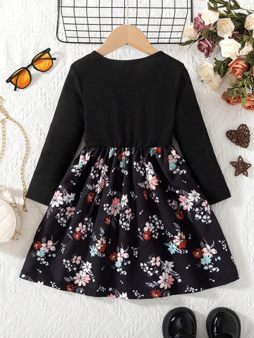 1pc Girls Casual Striped Knitted Straight Long Sleeve Round Neck Patchwork Floral Print Skirt Hem Dress, Autumn/Winter