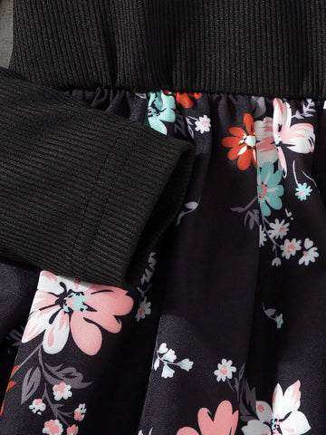 1pc Girls Casual Striped Knitted Straight Long Sleeve Round Neck Patchwork Floral Print Skirt Hem Dress, Autumn/Winter