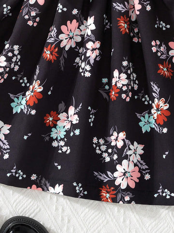 1pc Girls Casual Striped Knitted Straight Long Sleeve Round Neck Patchwork Floral Print Skirt Hem Dress, Autumn/Winter