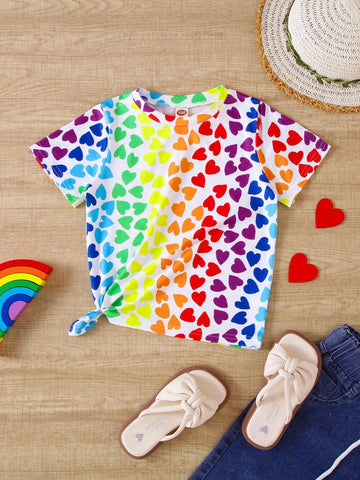 1pc Girls" Casual Style Colorful Heart Pattern Short Sleeve Lightweight Knitted T-Shirt For Summer