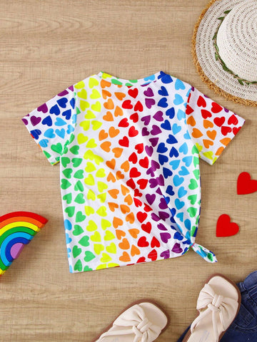 1pc Girls" Casual Style Colorful Heart Pattern Short Sleeve Lightweight Knitted T-Shirt For Summer