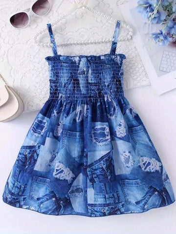 1pc Girls' Casual Style Denim-Look Cami Dress, Summer
