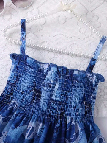 1pc Girls' Casual Style Denim-Look Cami Dress, Summer