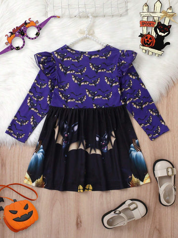 1pc Girls' Casual Style Halloween Black Cat & Bat Pattern Knit Soft Comfy Round Neck Ruffle Long Sleeve Dress For Fall Winter