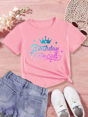 1pc Girls" Casual Style Sequin Pattern T-Shirt, Non-Real Sequins, Short Sleeve Lightweight Knit Tee With Stylish English Birthday Crowns And Patterns, Birthday Edition, Summer