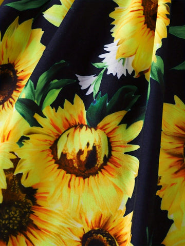 1pc Girls' Casual Sunflower Pattern Short Sleeve Halter Woven Summer Dress