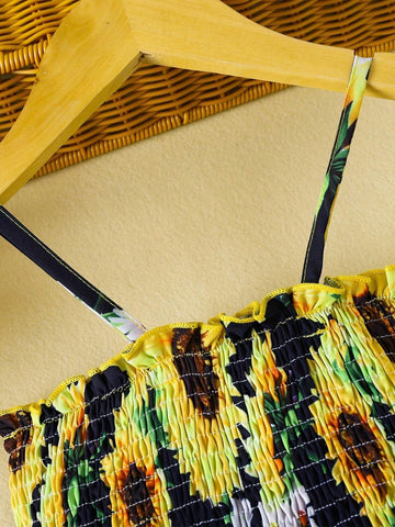 1pc Girls' Casual Sunflower Pattern Short Sleeve Halter Woven Summer Dress