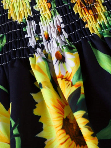 1pc Girls' Casual Sunflower Pattern Short Sleeve Halter Woven Summer Dress