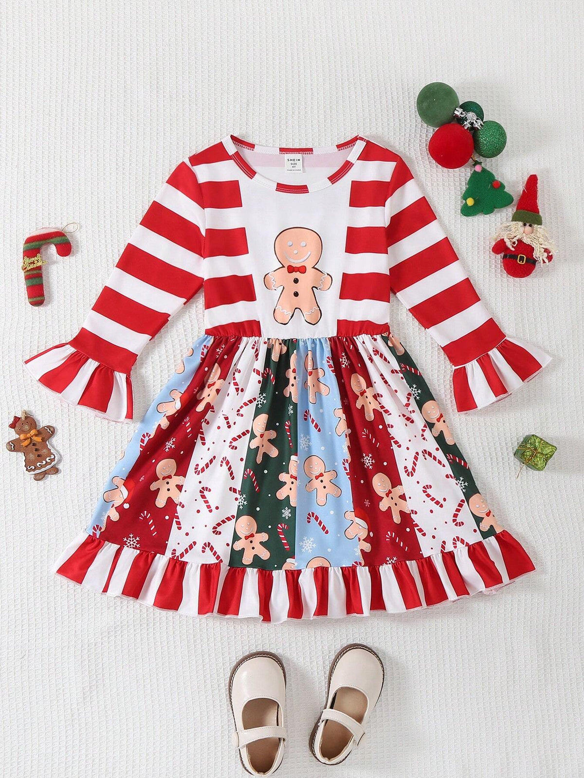 1pc Girl's Christmas Print Ruffle Hem Flare Sleeve Casual Dress, Suitable For Holiday, Vacation & Outing, Spring & Autumn