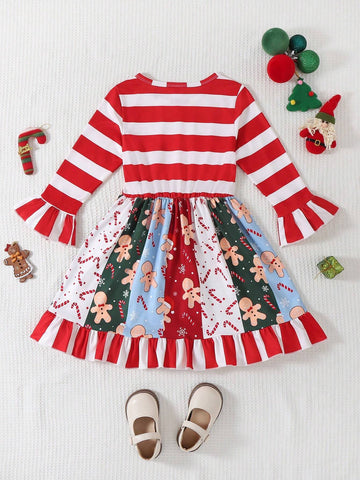 1pc Girl's Christmas Print Ruffle Hem Flare Sleeve Casual Dress, Suitable For Holiday, Vacation & Outing, Spring & Autumn