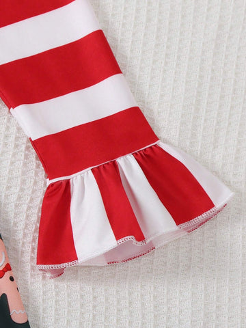 1pc Girl's Christmas Print Ruffle Hem Flare Sleeve Casual Dress, Suitable For Holiday, Vacation & Outing, Spring & Autumn