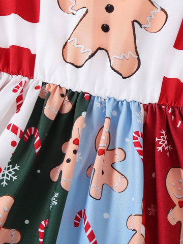1pc Girl's Christmas Print Ruffle Hem Flare Sleeve Casual Dress, Suitable For Holiday, Vacation & Outing, Spring & Autumn