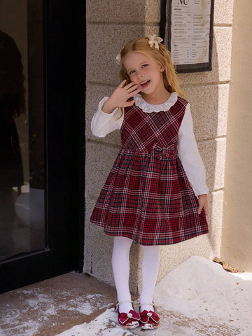 1pc Girls' Christmas Red Tweed Plaid Splice White Long Sleeve Flounced Peter Pan Collar Waist Bowknot Dress, Autumn