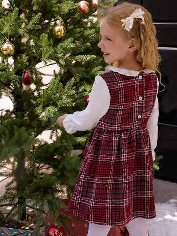 1pc Girls' Christmas Red Tweed Plaid Splice White Long Sleeve Flounced Peter Pan Collar Waist Bowknot Dress, Autumn