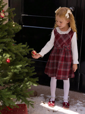 1pc Girls' Christmas Red Tweed Plaid Splice White Long Sleeve Flounced Peter Pan Collar Waist Bowknot Dress, Autumn