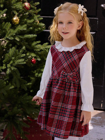 1pc Girls' Christmas Red Tweed Plaid Splice White Long Sleeve Flounced Peter Pan Collar Waist Bowknot Dress, Autumn