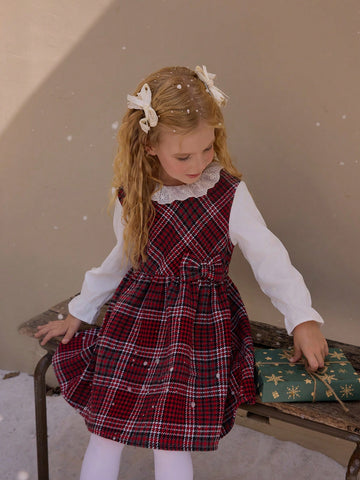 1pc Girls' Christmas Red Tweed Plaid Splice White Long Sleeve Flounced Peter Pan Collar Waist Bowknot Dress, Autumn