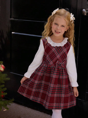 1pc Girls' Christmas Red Tweed Plaid Splice White Long Sleeve Flounced Peter Pan Collar Waist Bowknot Dress, Autumn