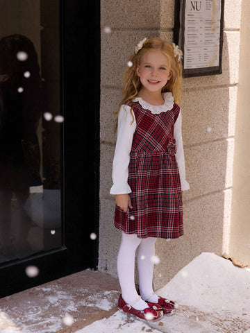 1pc Girls' Christmas Red Tweed Plaid Splice White Long Sleeve Flounced Peter Pan Collar Waist Bowknot Dress, Autumn