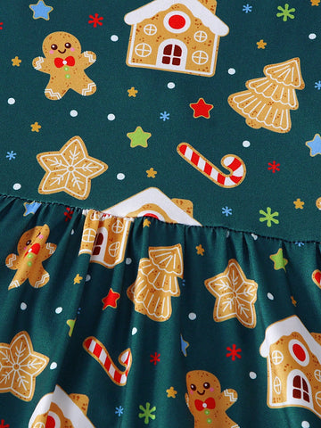 1pc Girls Christmas Tree Cookie Cane Star House Print Long Sleeve Casual Dress For Autumn/Christmas