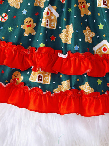 1pc Girls Christmas Tree Cookie Cane Star House Print Long Sleeve Casual Dress For Autumn/Christmas