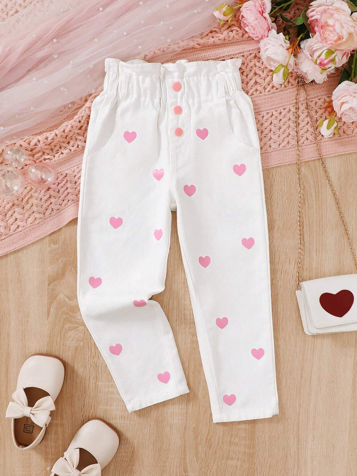 1pc Girls Cute Academy Style White Pleated Washed Denim Pants, Paired With Heart Print Casual Straight Leg Pants