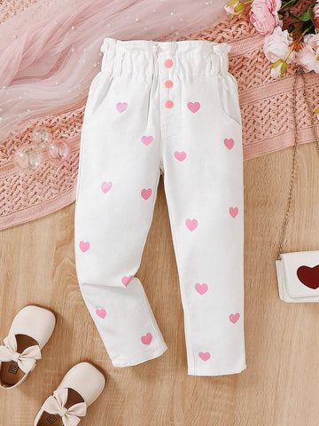 1pc Girls Cute Academy Style White Pleated Washed Denim Pants, Paired With Heart Print Casual Straight Leg Pants
