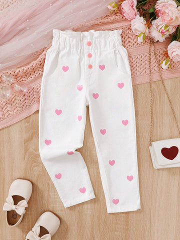 1pc Girls Cute Academy Style White Pleated Washed Denim Pants, Paired With Heart Print Casual Straight Leg Pants