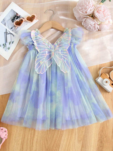 1pc Girls Cute Elegant Princess Cap Sleeve 3D Butterfly Decor Rainbow Tutu Dress Party Gown, Summer Vacation Beach Dress, Birthday Gift