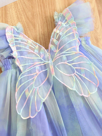 1pc Girls Cute Elegant Princess Cap Sleeve 3D Butterfly Decor Rainbow Tutu Dress Party Gown, Summer Vacation Beach Dress, Birthday Gift