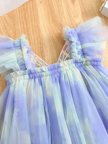 1pc Girls Cute Elegant Princess Cap Sleeve 3D Butterfly Decor Rainbow Tutu Dress Party Gown, Summer Vacation Beach Dress, Birthday Gift