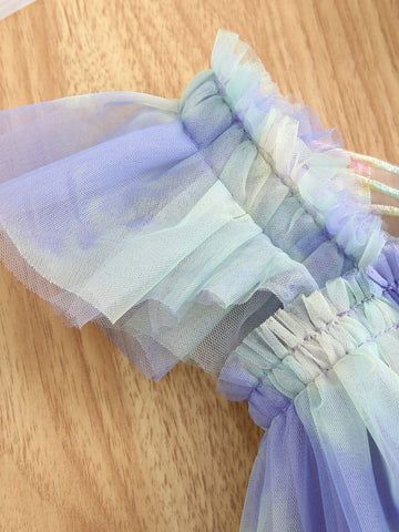 1pc Girls Cute Elegant Princess Cap Sleeve 3D Butterfly Decor Rainbow Tutu Dress Party Gown, Summer Vacation Beach Dress, Birthday Gift