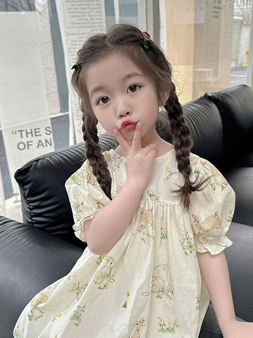 1pc Girls' Cute Rabbit Printed Puff Sleeve Short Dress, Spring/Summer