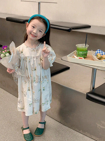 1pc Girls' Cute Rabbit Printed Puff Sleeve Short Dress, Spring/Summer