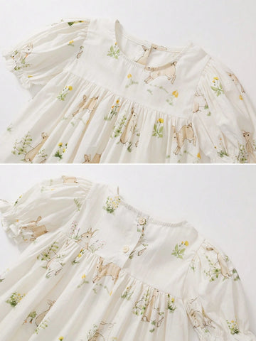 1pc Girls' Cute Rabbit Printed Puff Sleeve Short Dress, Spring/Summer