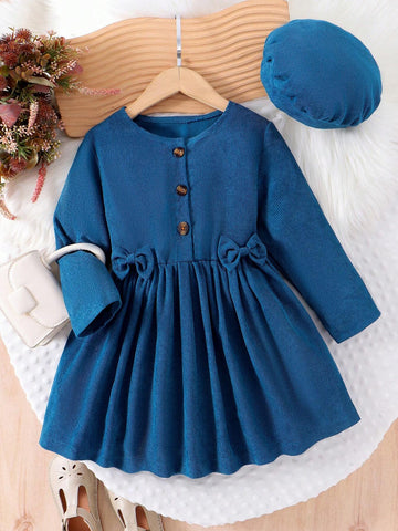 1pc Girls Elegant Corduroy Bow Decor Long Sleeve Dress, Autumn/Winter