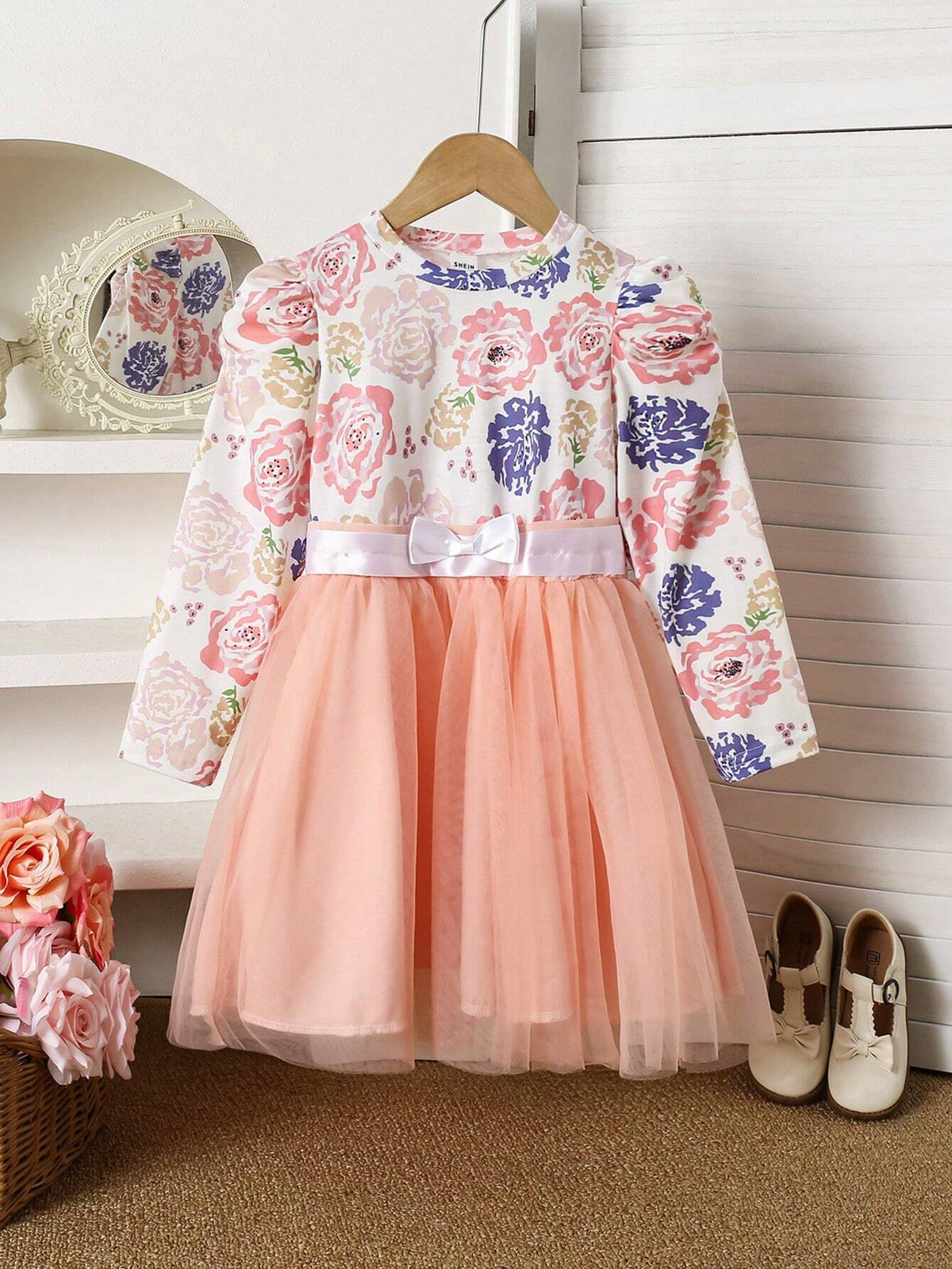 1pc Girls Elegant Floral Print Contrast Mesh Bow Sash Decor A-Line Dress
