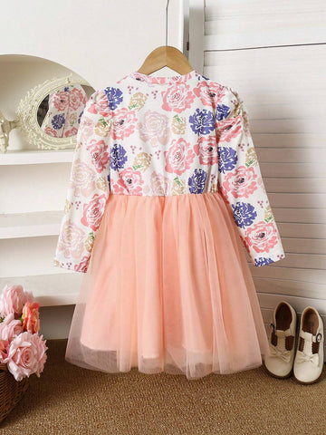 1pc Girls Elegant Floral Print Contrast Mesh Bow Sash Decor A-Line Dress