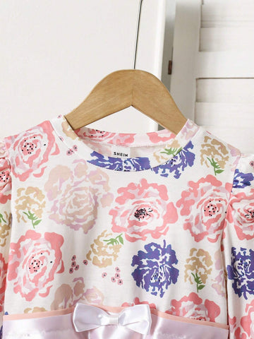 1pc Girls Elegant Floral Print Contrast Mesh Bow Sash Decor A-Line Dress
