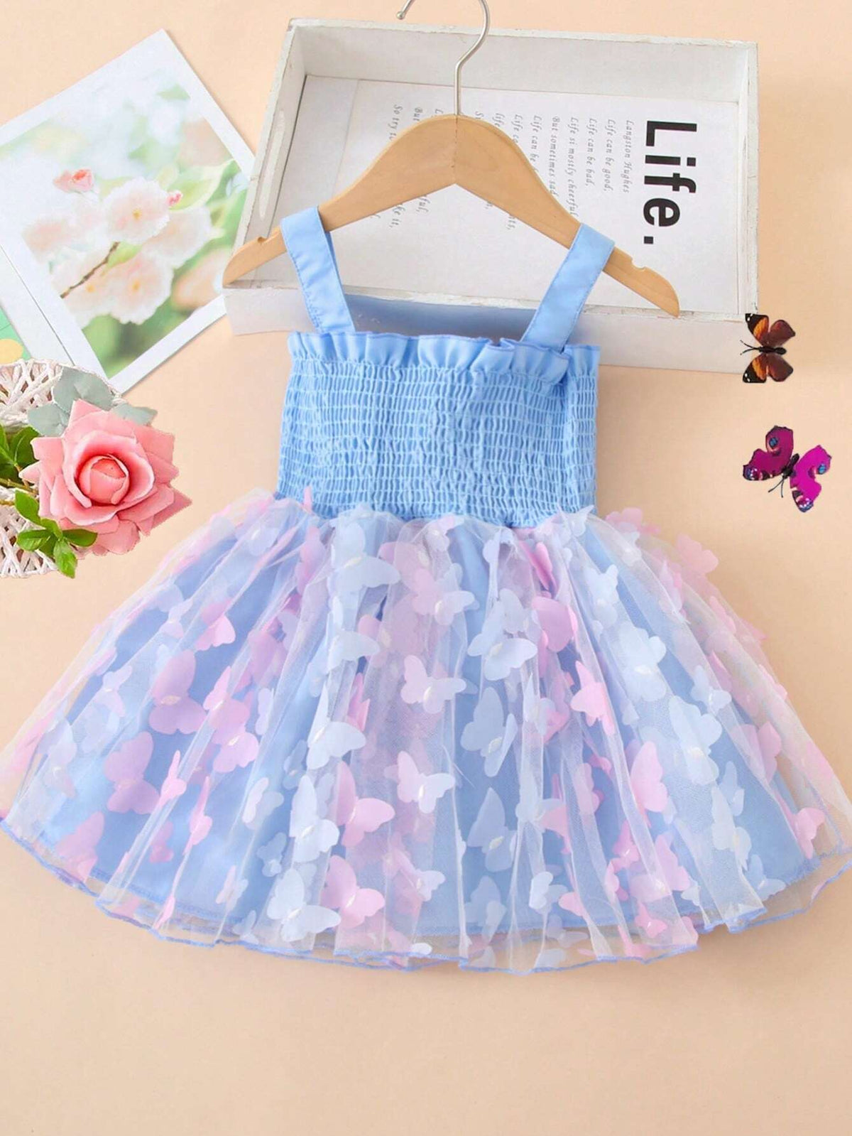 1pc Girls Elegant Sweet 3D Butterfly Ombre Color Gradient Tulle Spaghetti Strap Party Dress Beach Dress, Spring Summer