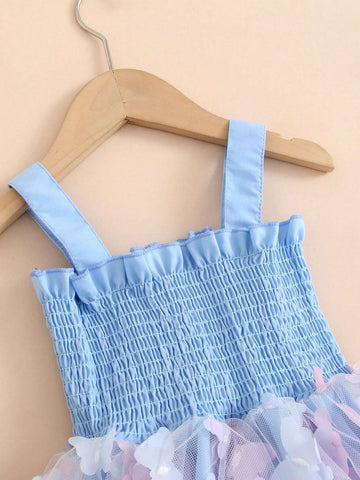1pc Girls Elegant Sweet 3D Butterfly Ombre Color Gradient Tulle Spaghetti Strap Party Dress Beach Dress, Spring Summer